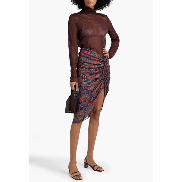 VERONICA BEARD Ari Ruched Midi Skirt Womens 10 Red Paisley Floral Print Slip - Picture 2 of 16